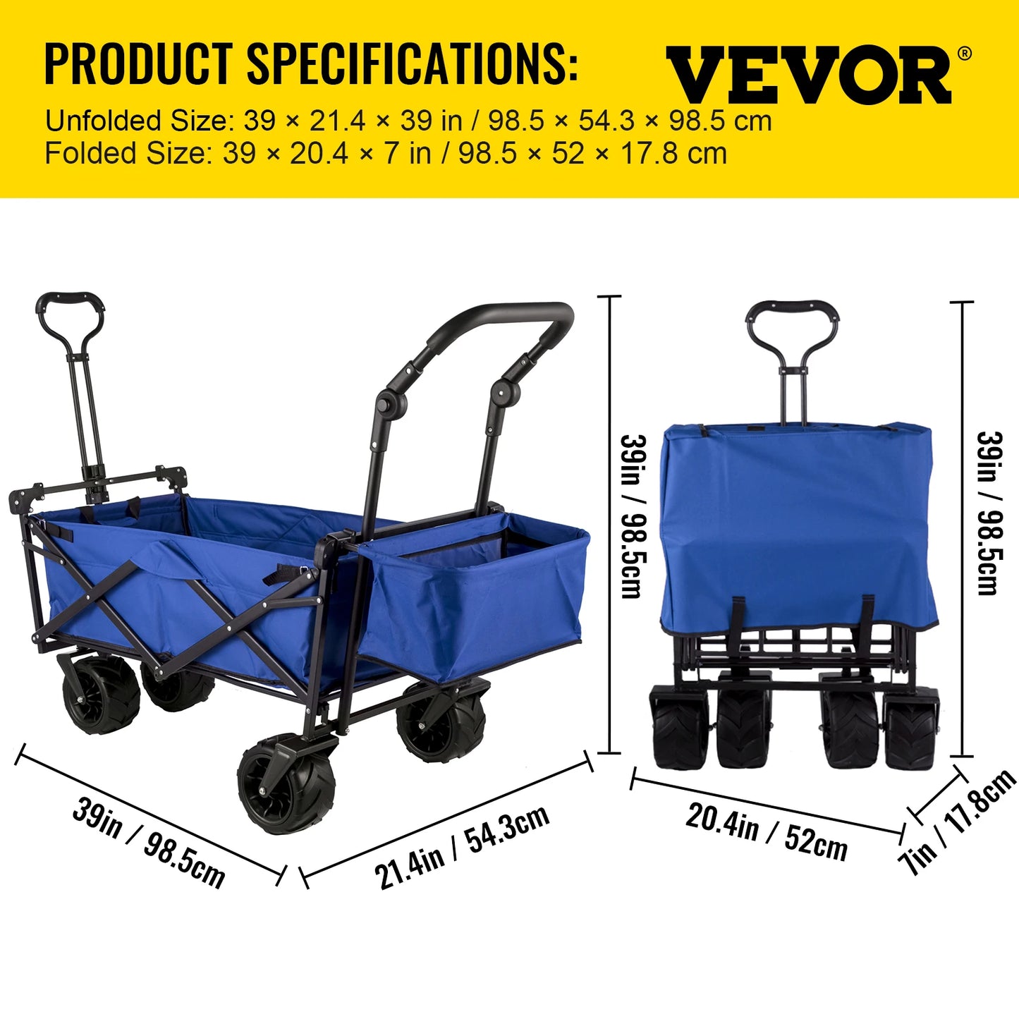 VEVOR Folding Wagon Cart W/ Adjustable Handle Bar Removable Canopy Oxford Cloth Collapsible