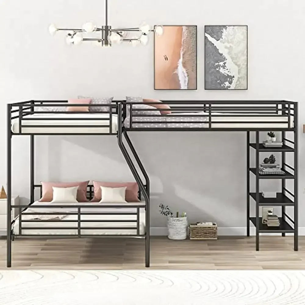 L-Shaped Metal Corner Bunk Bed w/Loft, Twin Over Full No Box Spring Needed 117.2"L x 77.5"W x 62.9"H