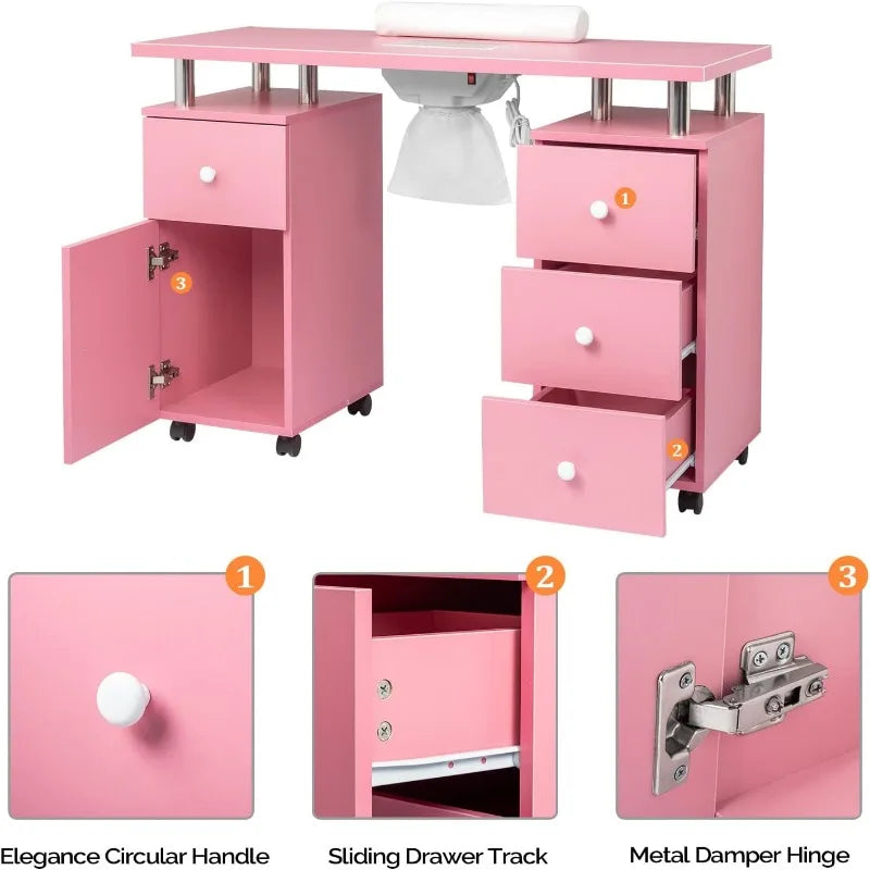 Manicure Table Desk for Tech, Table Station w/Electric Dust Collector, Makeup Storage