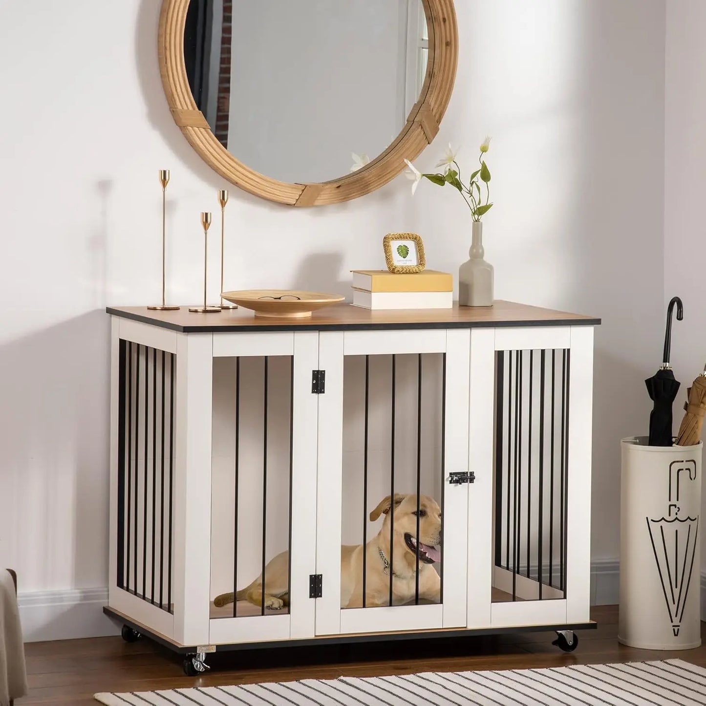 Dog Crate Furniture on Wheels, End Table Indoor w/ Lockable Door, 42" W x 23.5" D x 32" H