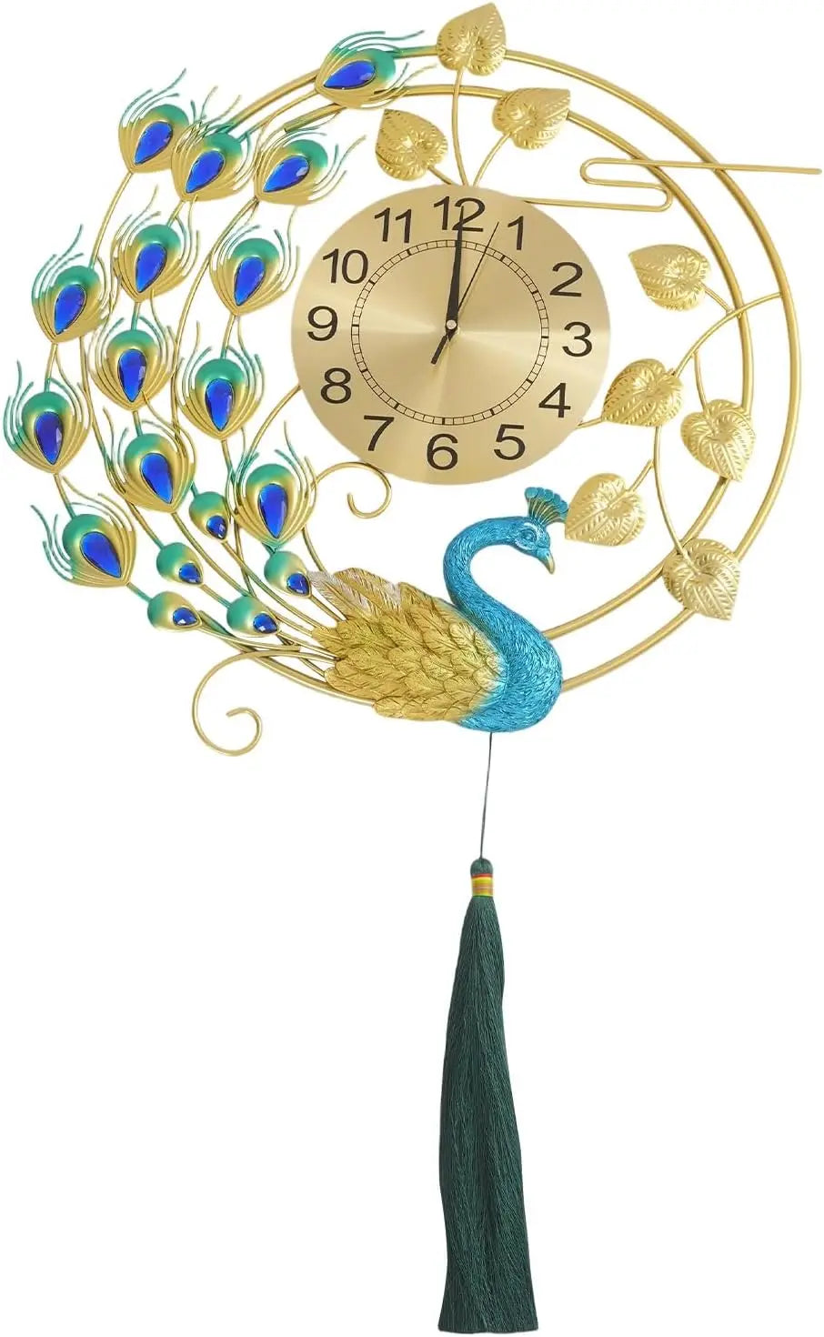Peacock Wall Clock 39X23 Inch Silent Quartz Movement, Non-Ticking, Durable Metal Decorative Wall Art