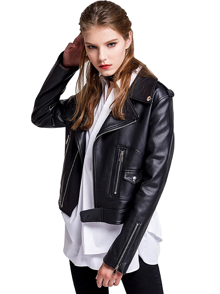 FTLZZ Women Faux Leathers Jacket Red Black Street Biker Coat Y2K Jacket Punk Cropped Motor Outwear