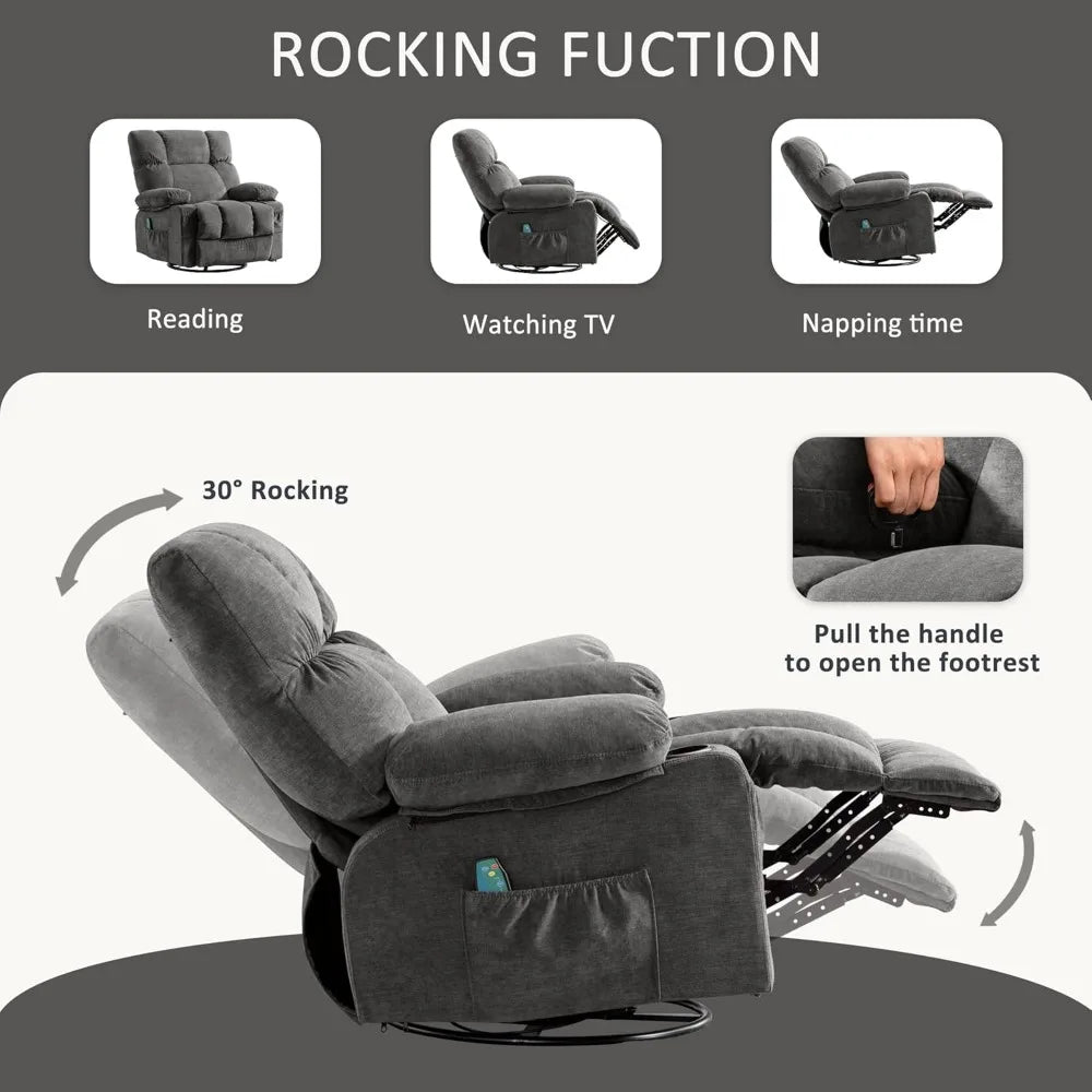 Recliner Chair with Vibration Massage & Lumbar Heating, 360° Swivel Oversized Rocker Recliner /USB