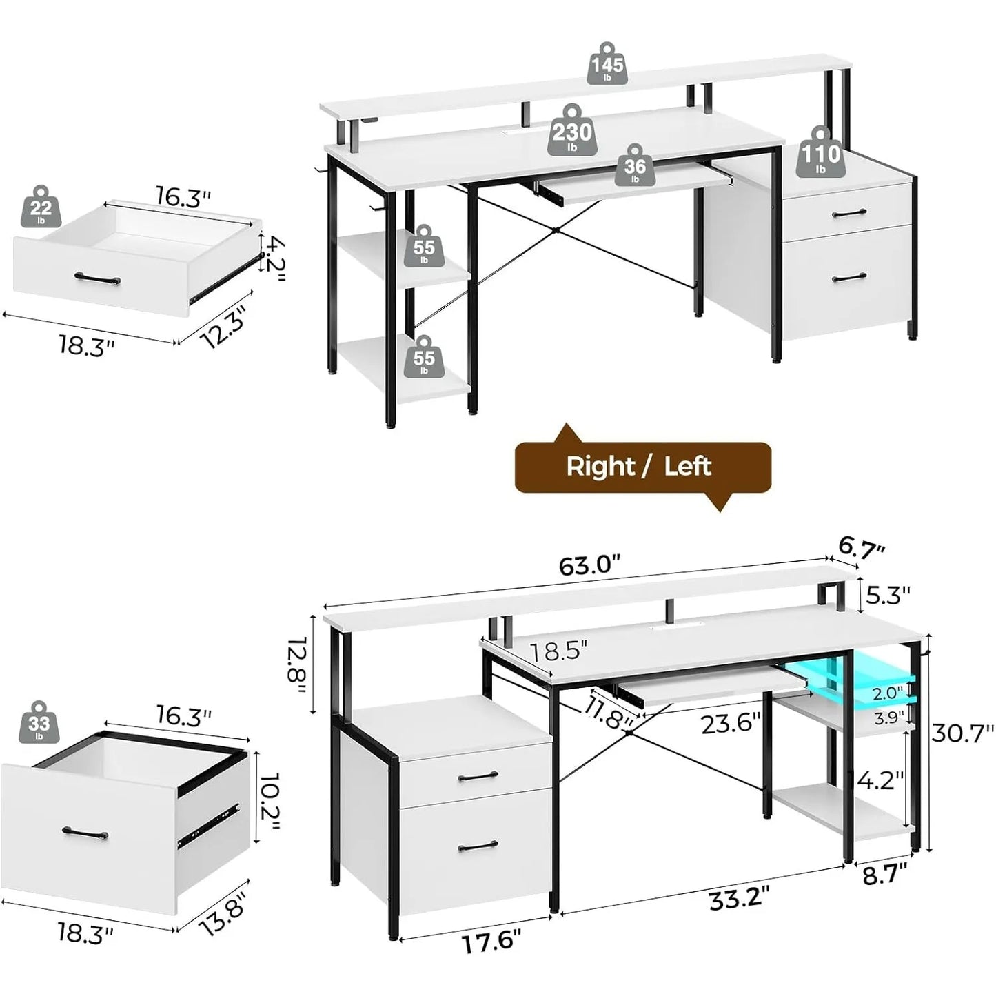 ROLANSTAR Computer Desk 63" w/File Drawer, Gaming Desk w/LED Light & Power Outlets, Home Office Desk