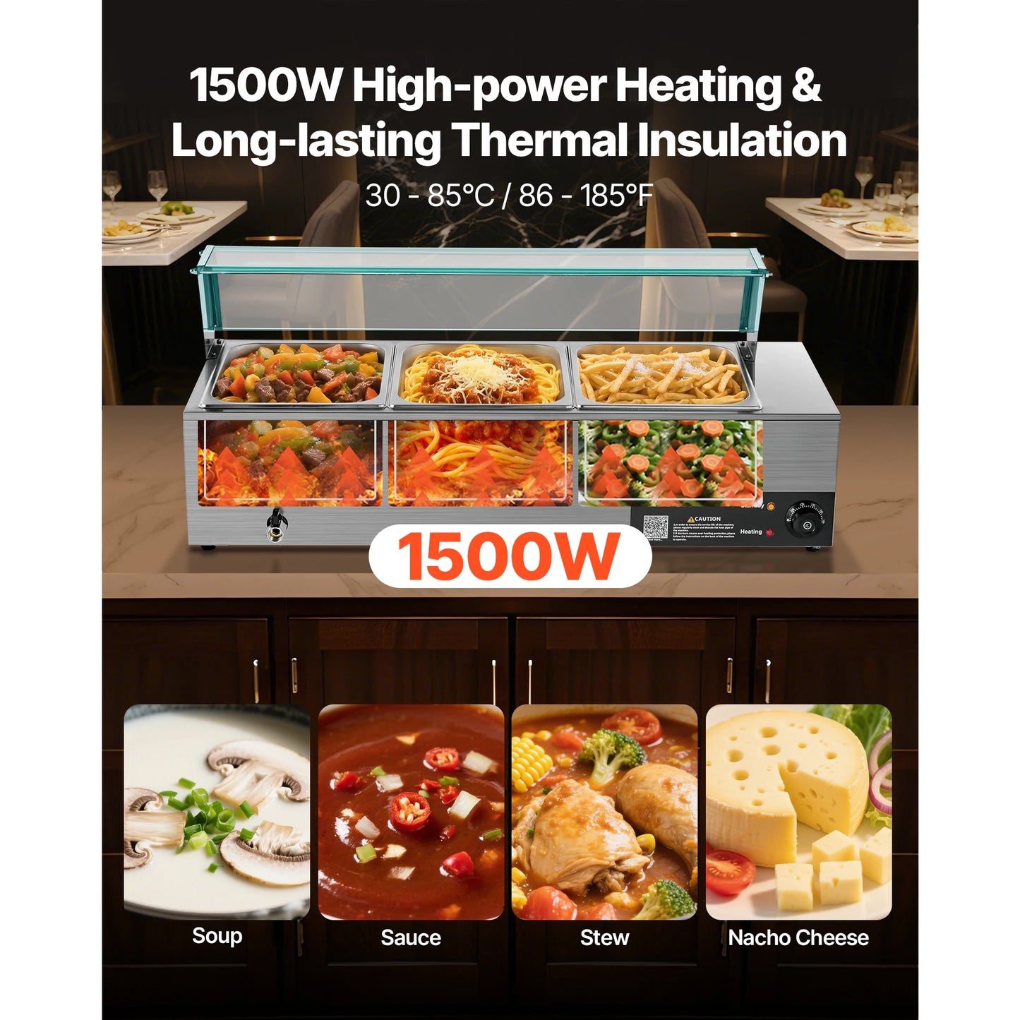SucceBuy Commercial Food Warmer Electric Stainless Steel Steam Food Warmer with Glass Cover 3-Pan