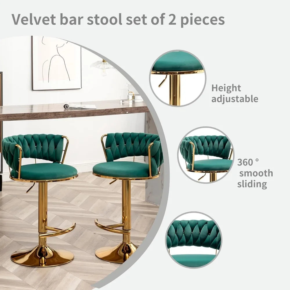 Gold Bar 4 Stools, Counter Height Bar Stools w/Low Back, Velvet Adjustable Height Barstool 360°