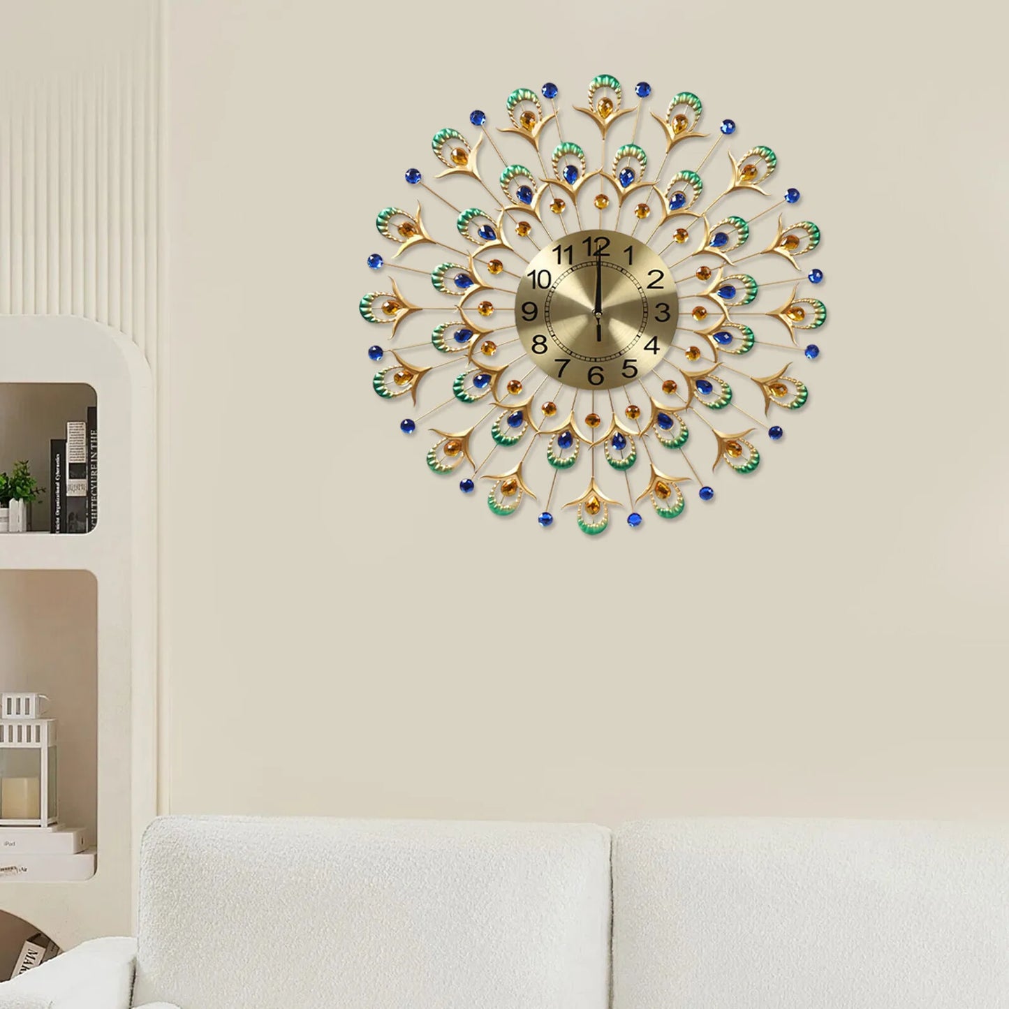 Peacock Feather Wall Clock 24" Gold, Silent Quartz Movement Large Clock, Modern Artistic Wall Decor