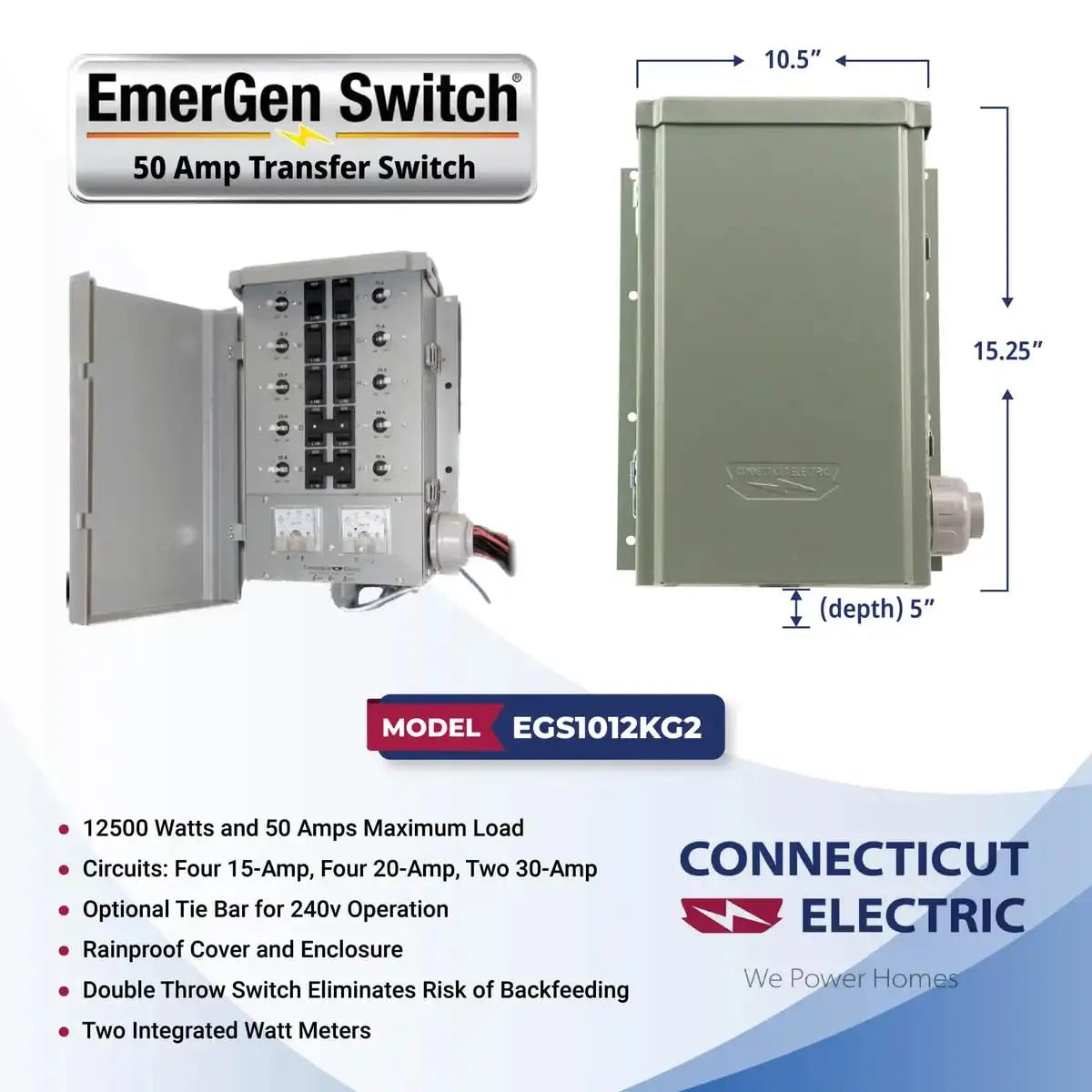 CONNECTICUT ELECTRIC EmerGen Transfer Switch - 50 Amp, 10-Circuit, 12500 Watts, for Generator