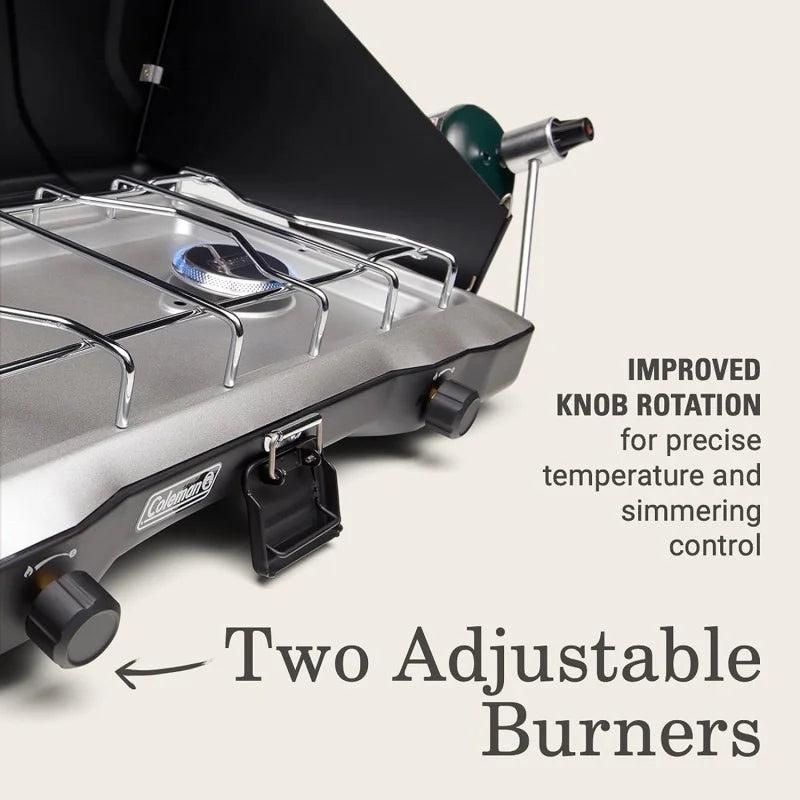 Coleman Triton 2-Burner Propane Camping Stove, W/ Wind Guards,Latch Handle, 22,000 Total BTUs