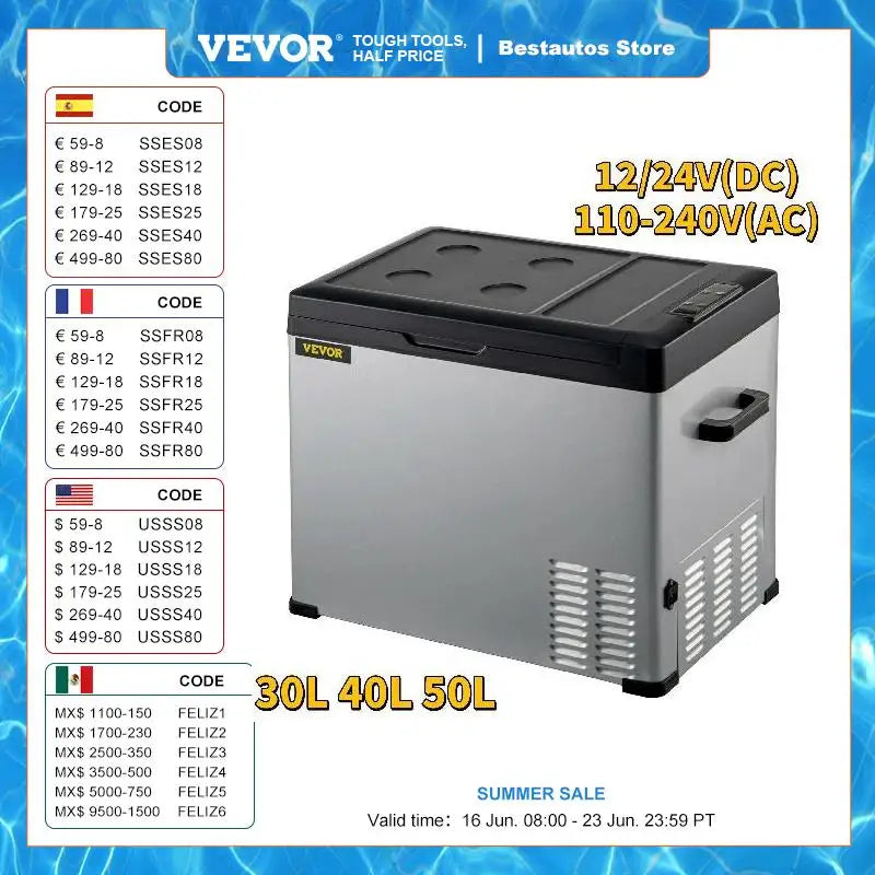 VEVOR 30L 40L 50L Mini Car Refrigerator Portable Small Fridge Freezer 12V/24V DC 110-240 AC Cooler