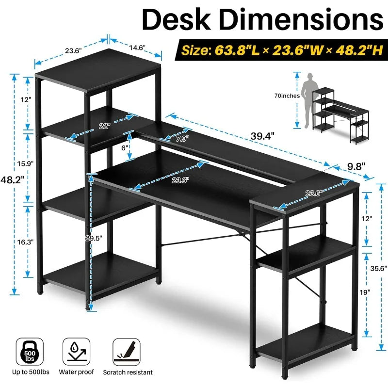 Computer Desk with Storage Shelves, 63 Inches Large Industrial Office Desk Workstation