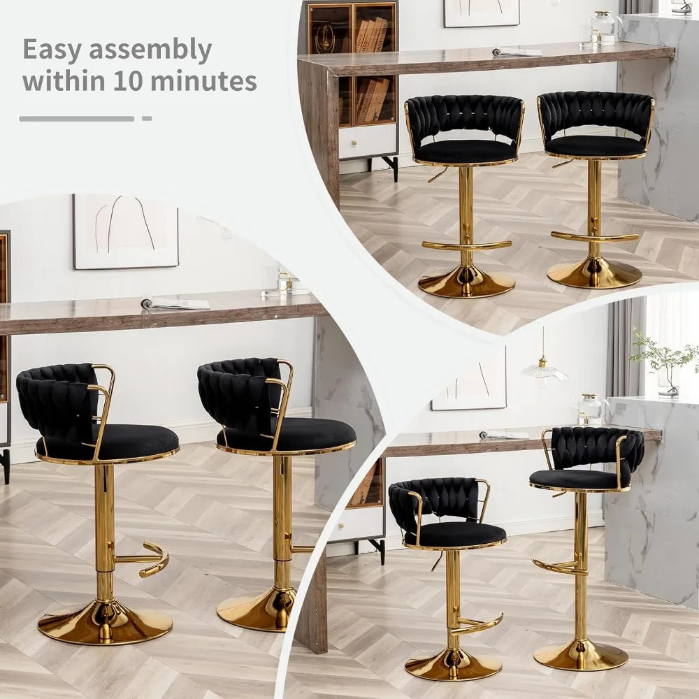 Gold Bar 4 Stools, Counter Height Bar Stools w/Low Back, Velvet Adjustable Height Barstool 360°