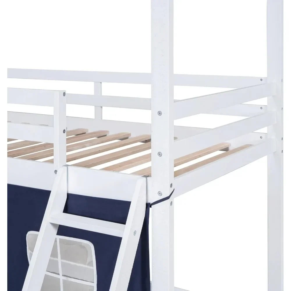 House Twin Loft Bunk Bed with Tent,Kids Twin Loft Bed with Ladders Guardrail  Windows & Roof Wood