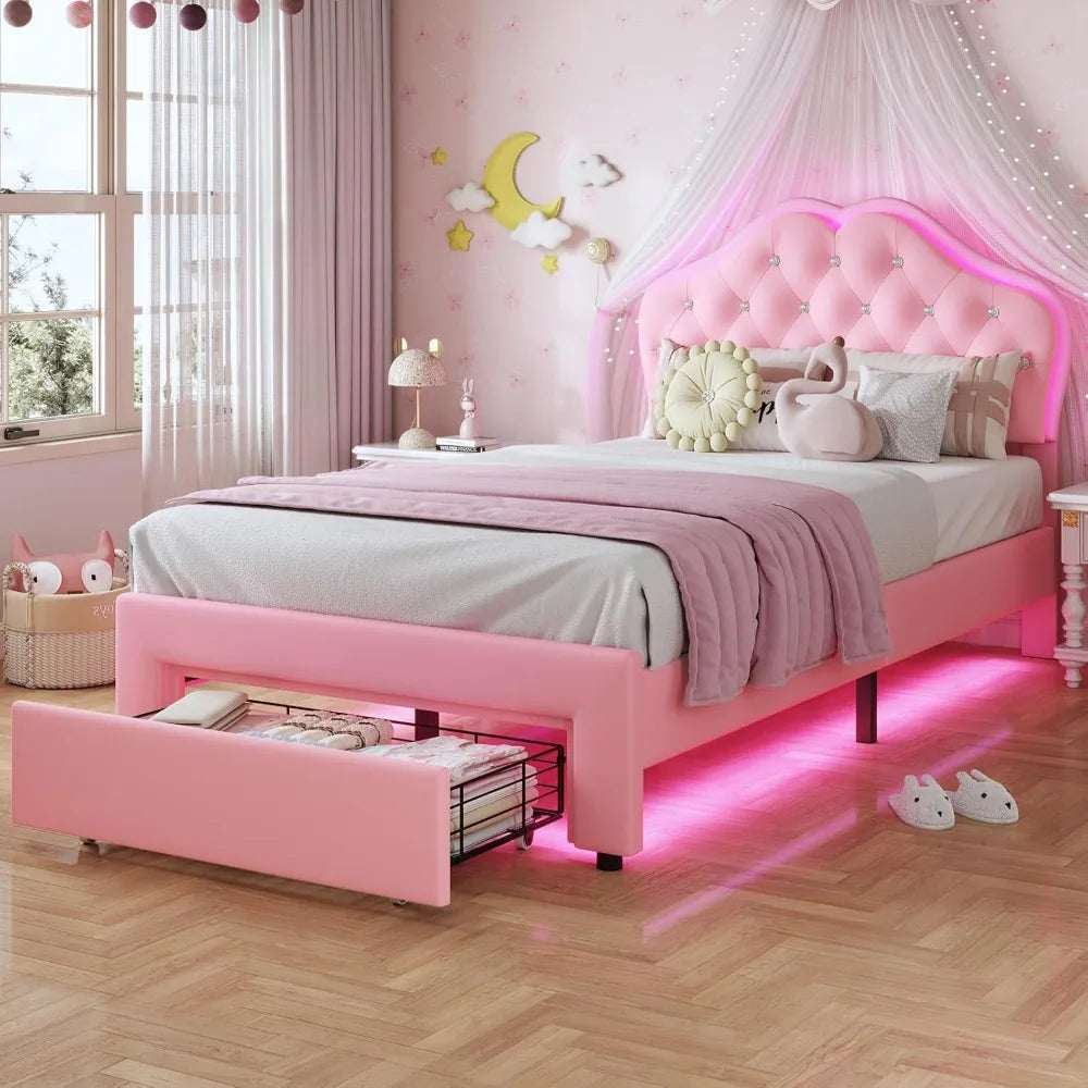 Twin Size Girl Bed with Storage Drawer & LED Lights,Adjustable Headboard with Velvet Crystal Button