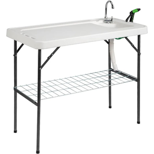 Folding Fish Cleaning Table with Sink, Portable Camping Sink Table with Grid Rack & Sprayer