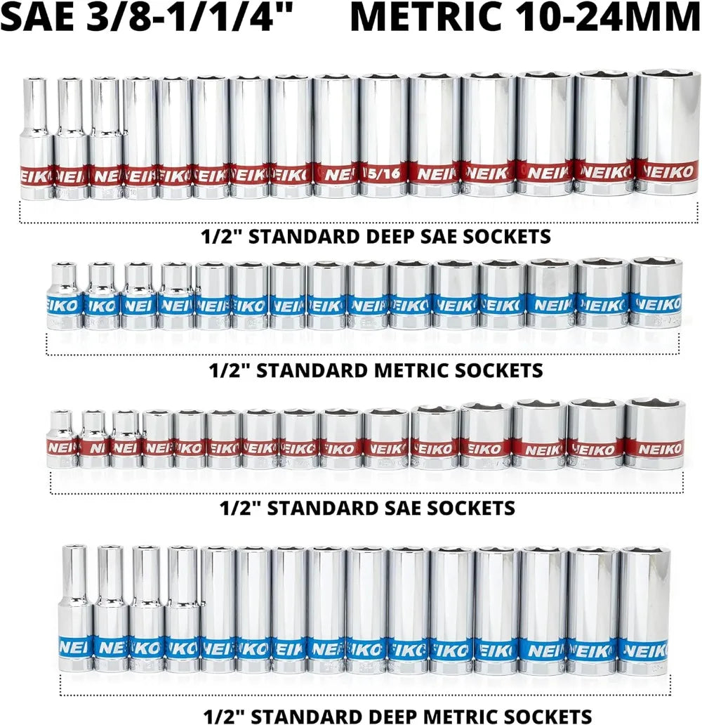 NEIKO 02479A 1/2 Inch-Drive/Colored Ratchet & 68 Sockets Std & Deep SAE Sizes 3/8" to 1-1/4"