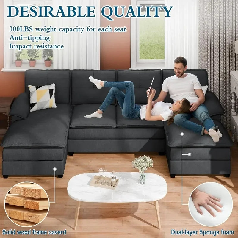 110" U-Shaped 4 Seat Sectional Sofa with Double Chaise, Modern Fabric Modular Couch Sleeper