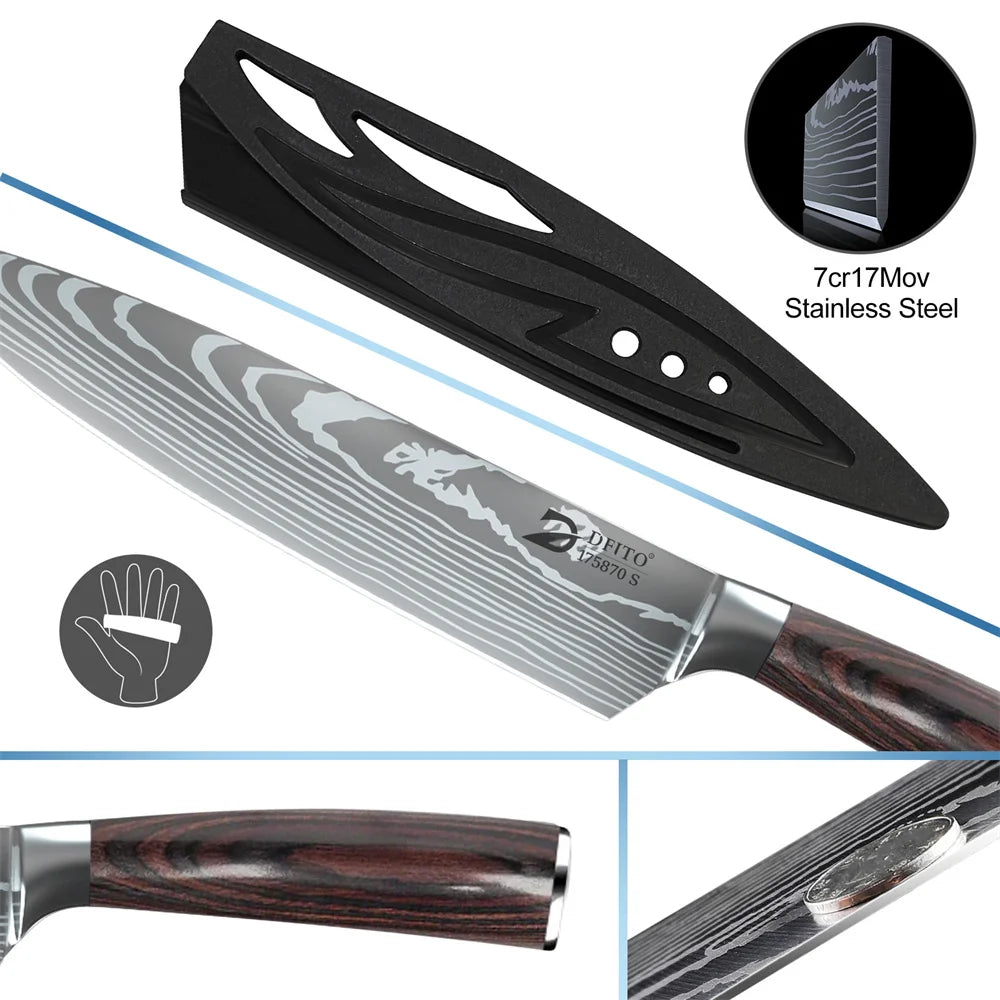 8pcs Kitchen Knife Damascus Stainless Steel Chef Knife / Santoku Knives With Nylon Bag