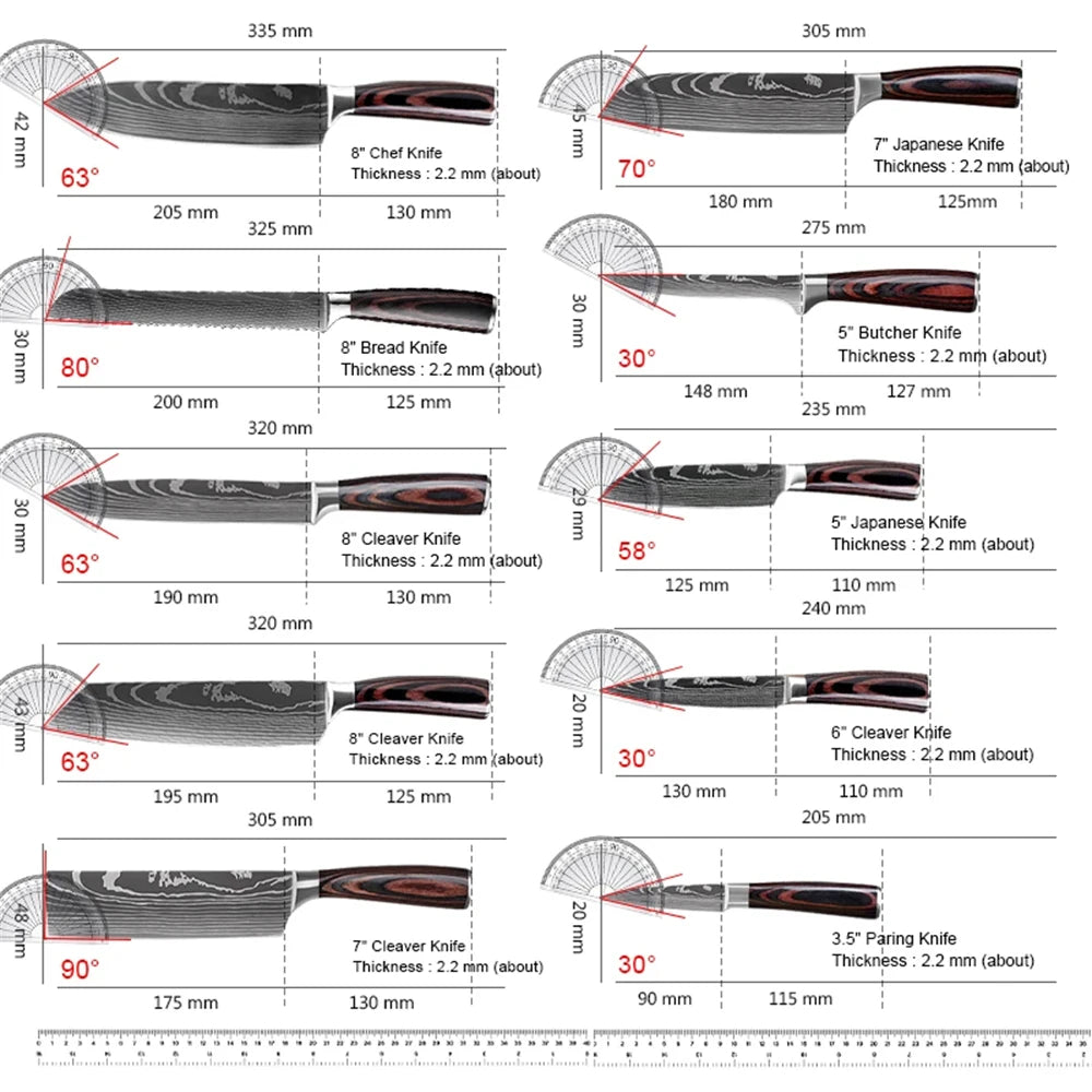 8pcs Kitchen Knife Damascus Stainless Steel Chef Knife / Santoku Knives With Nylon Bag