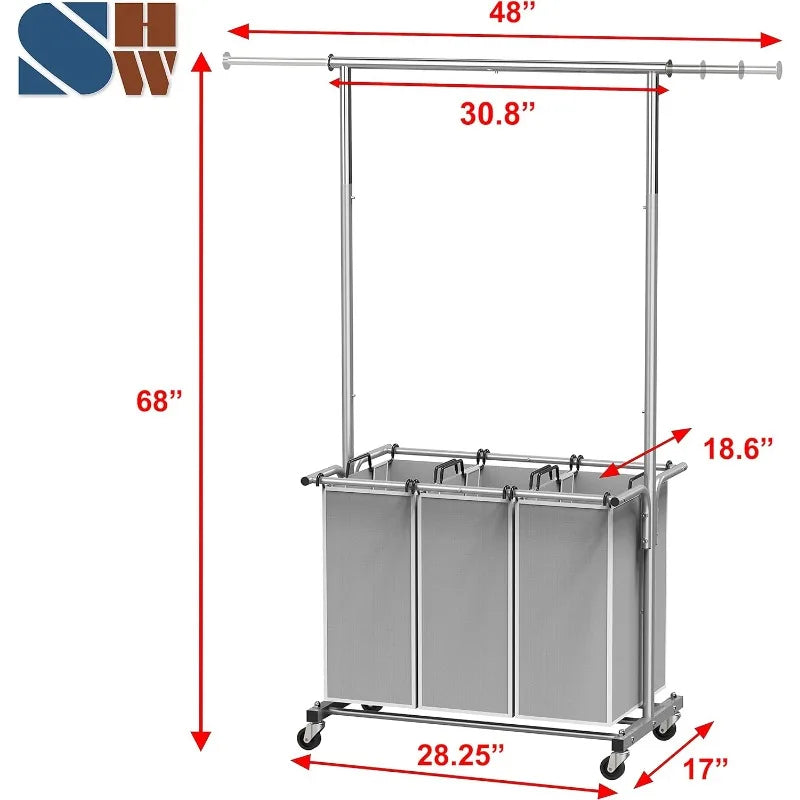 3 Bag Laundry Sorter Rolling Cart w/Garment Rack Hanging Rod, Silver