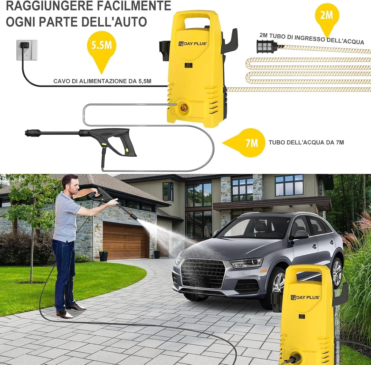 Electric High Pressure Washer 1600W,120bar,380l/h Adjustable Lance from 0 to 180°,7m Flexible Hose