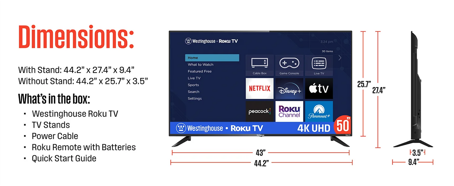 50 Inch Smart TV, 4K UHD LED TV with Wi-Fi Connectivity and Mobile App, Flat Screen TV