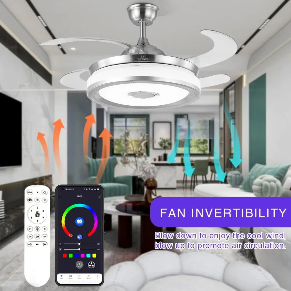 2024 Retractable Bluetooth Ceiling Fan w/Speaker, Retractable Fan w/ Light & Remote/APP Control