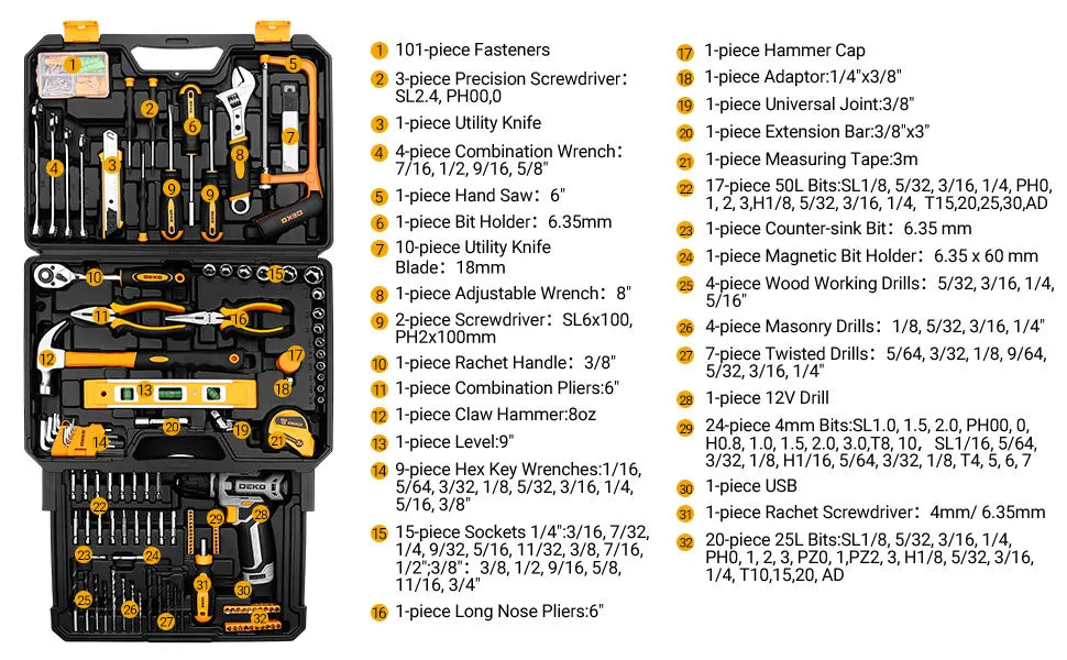 Kit Box Drill Set：Home Mechanic Toolbox with 12V Power Cordless Drill Hand Repair & Storage