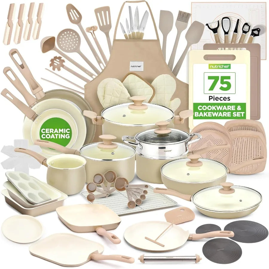 75 Piece Non-Stick Pots and Pans Set with Ceramic Cookware Bakeware Utensils Knife Set