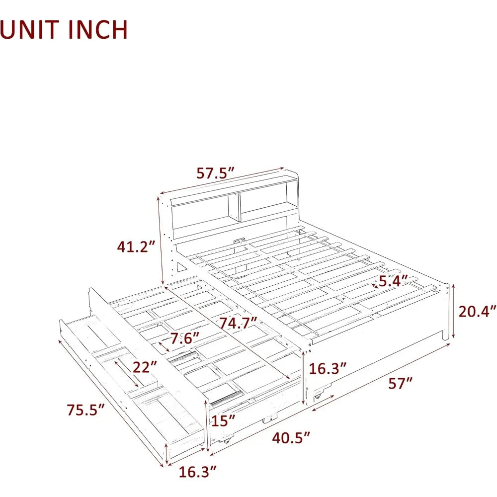 Full Size Bed Frame with Bookcase Headboard,Captain’s Bed Full Trundle Bed with Storage