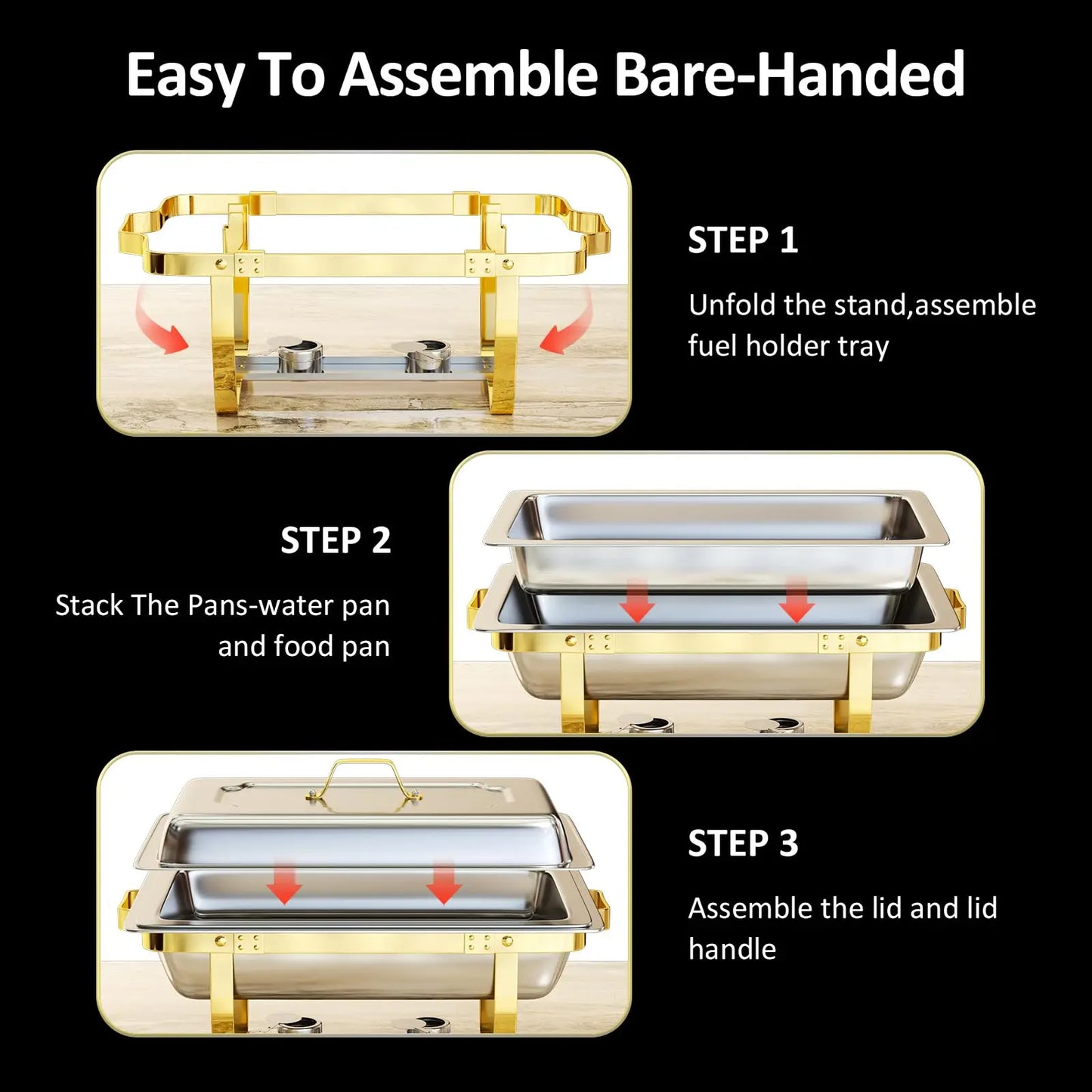 Chafing Dishes for Buffet 4 Pack 7pan, 9QT [Elegant Gold and Silver Colors] Stainless Steel Durable
