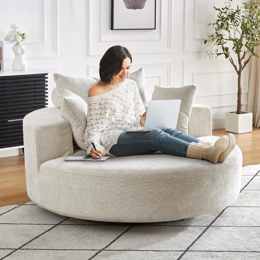 55"W Oversized Swivel Accent Chair,360 Degree Upholstered Chenille Swivel Barrel Chair,Comfy