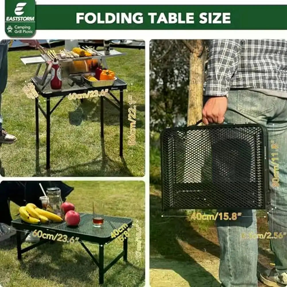 EAST STORM Portable Folding Aluminum Camping Table Adjustable Height Lightweight Sturdy Mesh Design