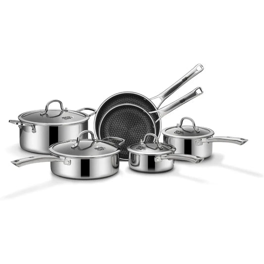 Pots and Pans Set Non Stick, 10 Pcs Stainless Steel Cookware Sets, Frying Pans, Saucepans, Saute Pan