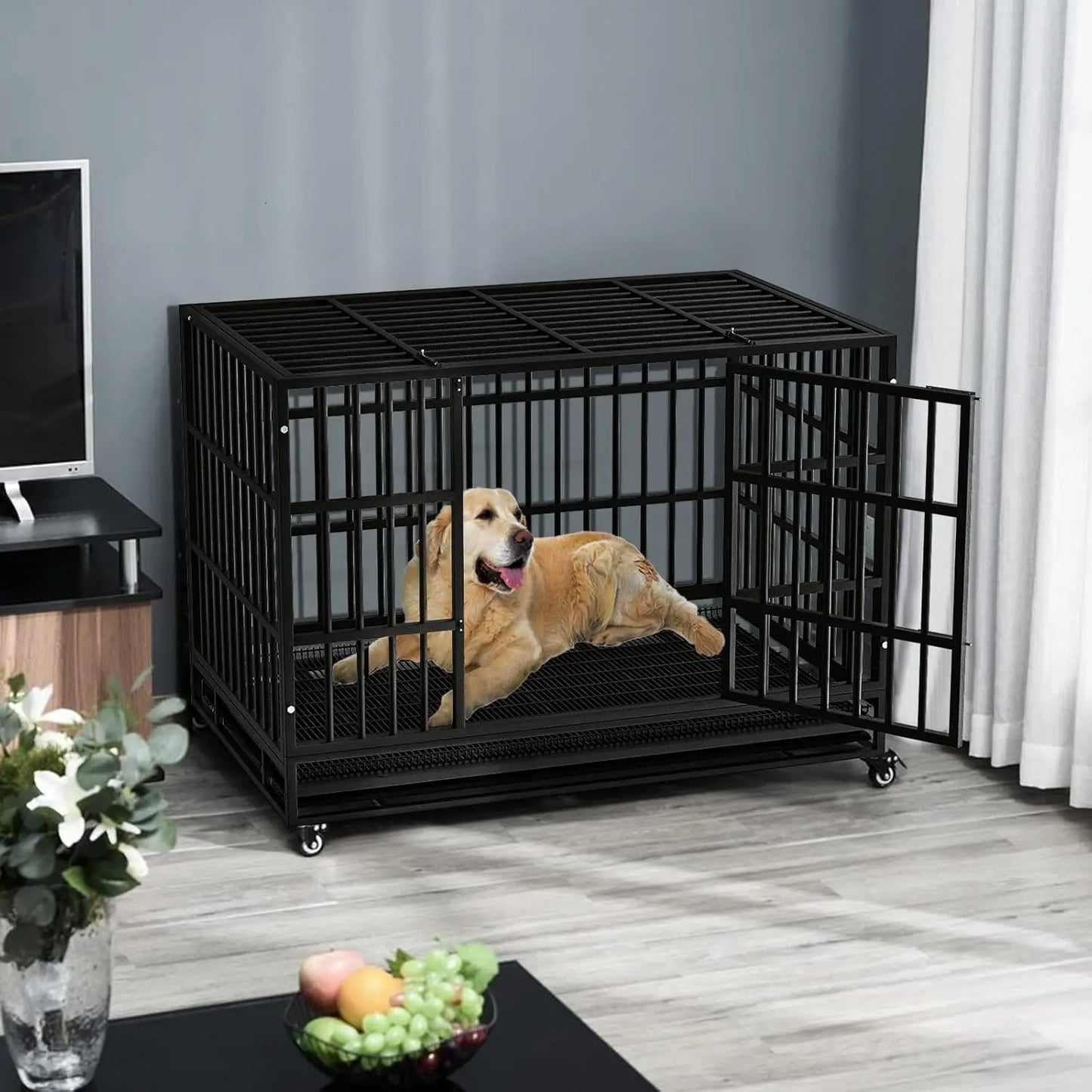 LEMBERI 48/38 inch Heavy Duty Indestructible Dog Crate, Escape Proof Kennel with Lockable Wheels