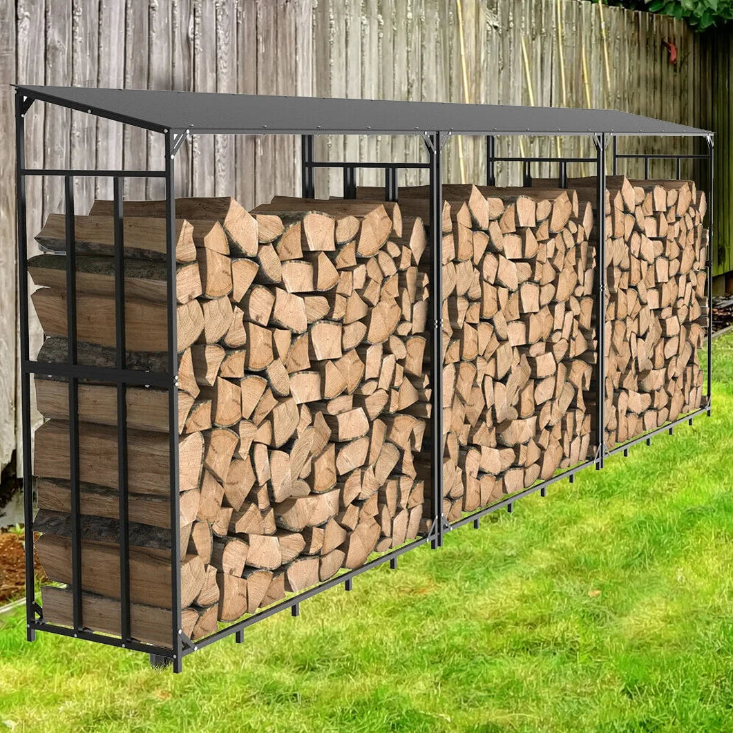 Heavy Duty Tall Metal Firewood Rack Stand with Top Cover Fireplace Wood Storage Stacking Holder