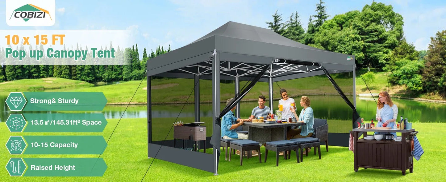 Canopy Tent 10x15 Heavy-Duty, Pop-Up Gazebo with Mosquito Netting, Waterproof Canopy with Sidewalls