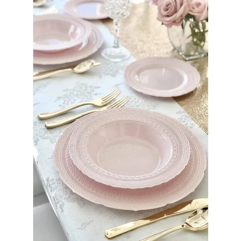 240 Plates Pack,(120 Guests) Extra Heavyweight Vintage Wedding Disposable/Reusable Plastic Plates