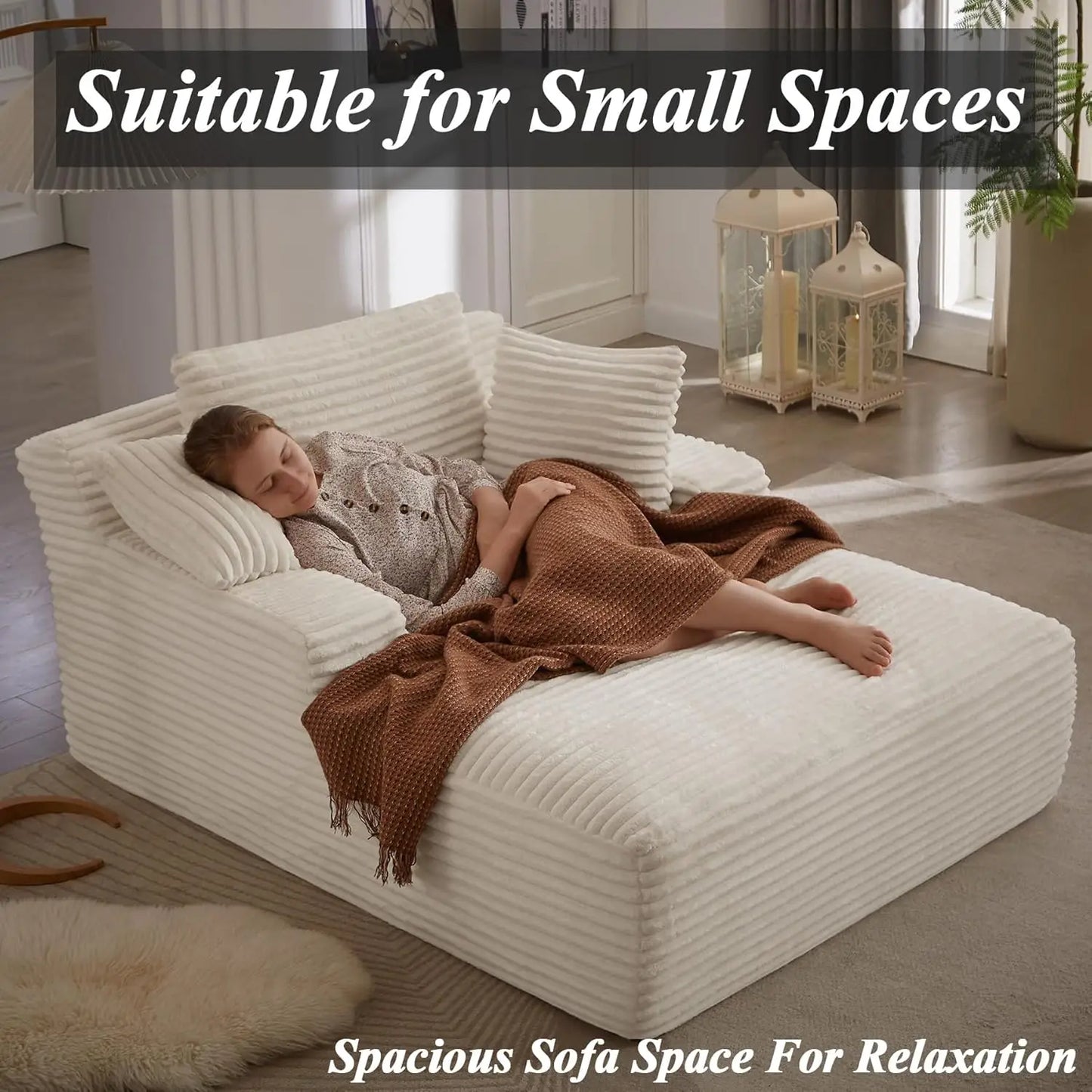 Oversized Chaise Lounge Chair with 3 Comfy Pillows for Living Room Bedroom, Wide Arms Corduroy