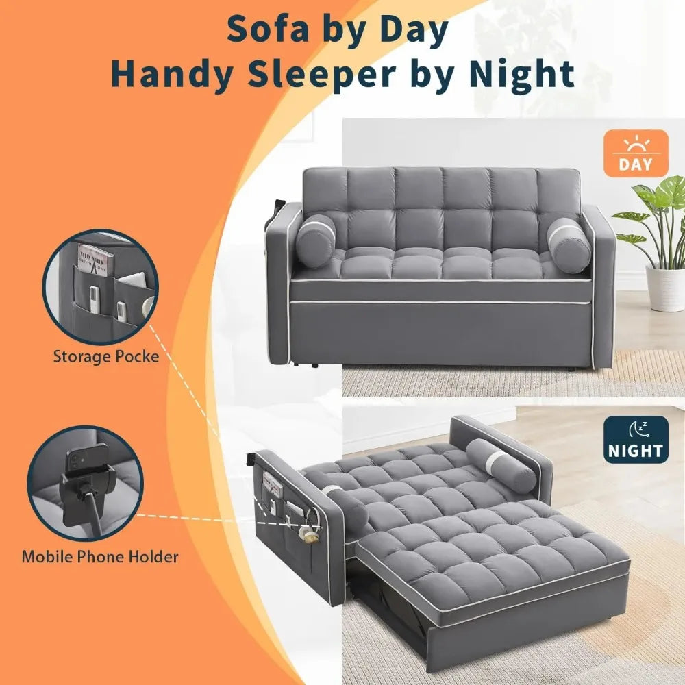 Sleeper Sofa Couch/ Futon Sofa Bed, 3 in 1 Convertible Pull Out w/ USB Port & Swivel Phone Stand