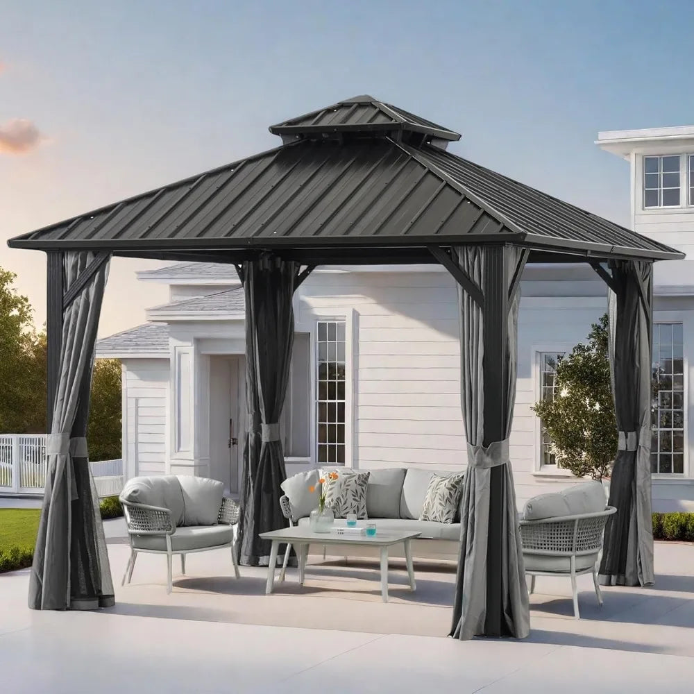 12x12FT Outdoor Hardtop Gazebo w/Double Roof, Mosquito Netting & Curtains - Heavy Duty Steel Frame