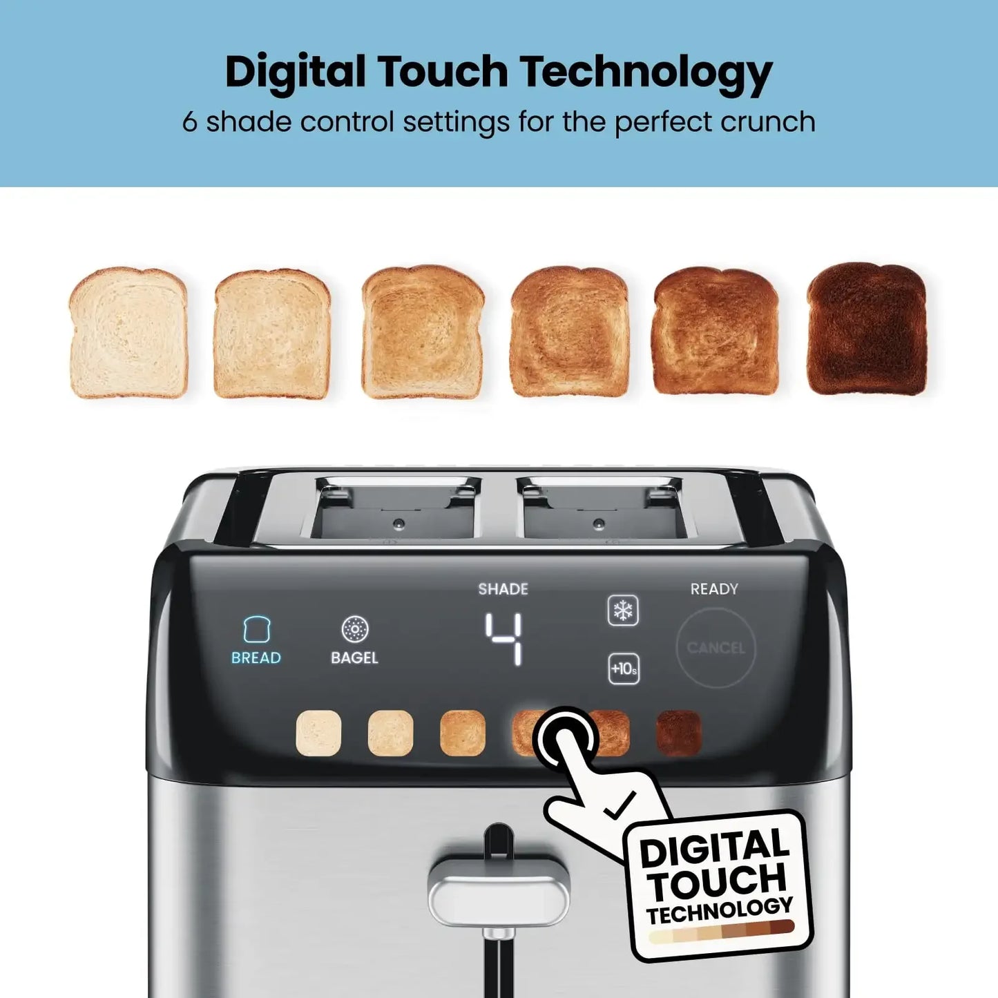 NEW Smart Touch 2 Slice Digital Toaster, 6 Shade Settings, Bagel Mode - Stainless Steel, New