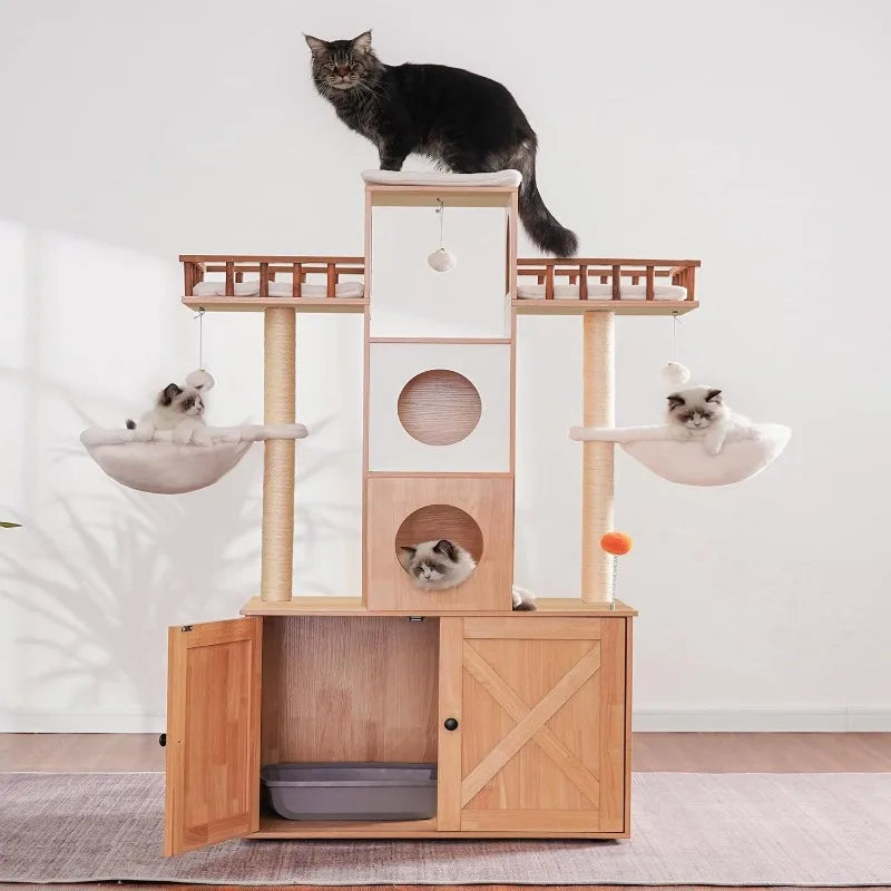 Cat Tree with Litter Box Enclosure for Indoor , Cat Tower for Large Cats 20 lbs Heavy Duty