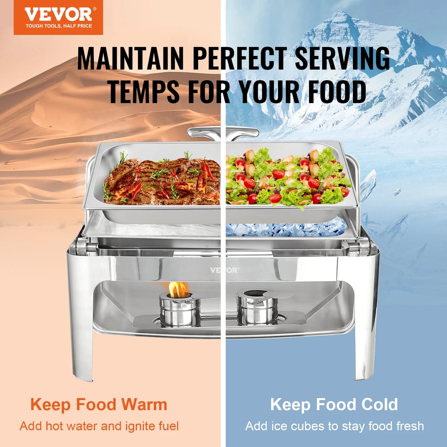 VEVOR 9QT Roll-top Chafing Dish Buffet Stainless Steel w/2 Half Pans Rectangle Catering Warmer