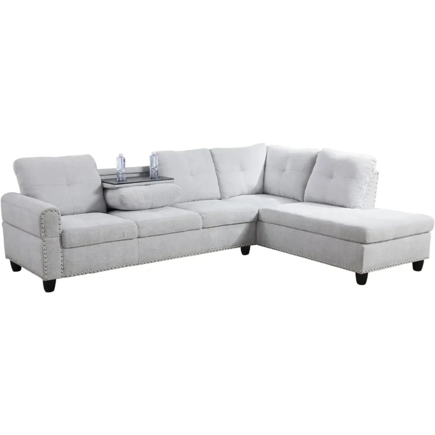 L Shaped Sectional Couch w/Ottoman, Nailhead Sofa w/Reversible Cup Holder & Chaise, Light Grey