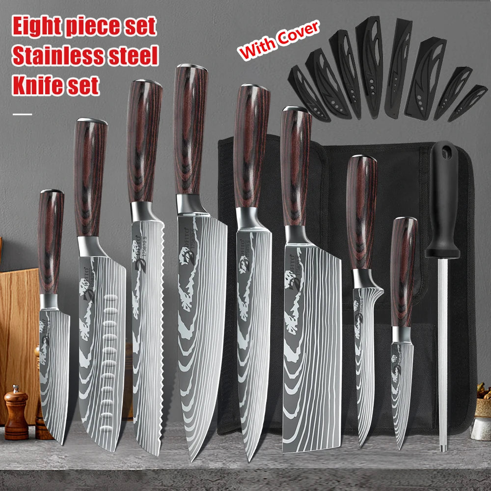 KEPEAK Kitchen Knife Set 7Cr17Mov Stainless Steel Chef Knife Ultra Sharp Santoku Cleaver Utility