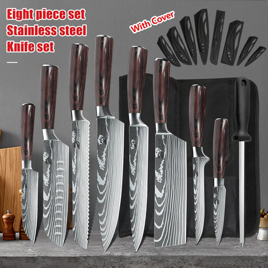 KEPEAK Kitchen Knife Set 7Cr17Mov Stainless Steel Chef Knife Ultra Sharp Santoku Cleaver Utility