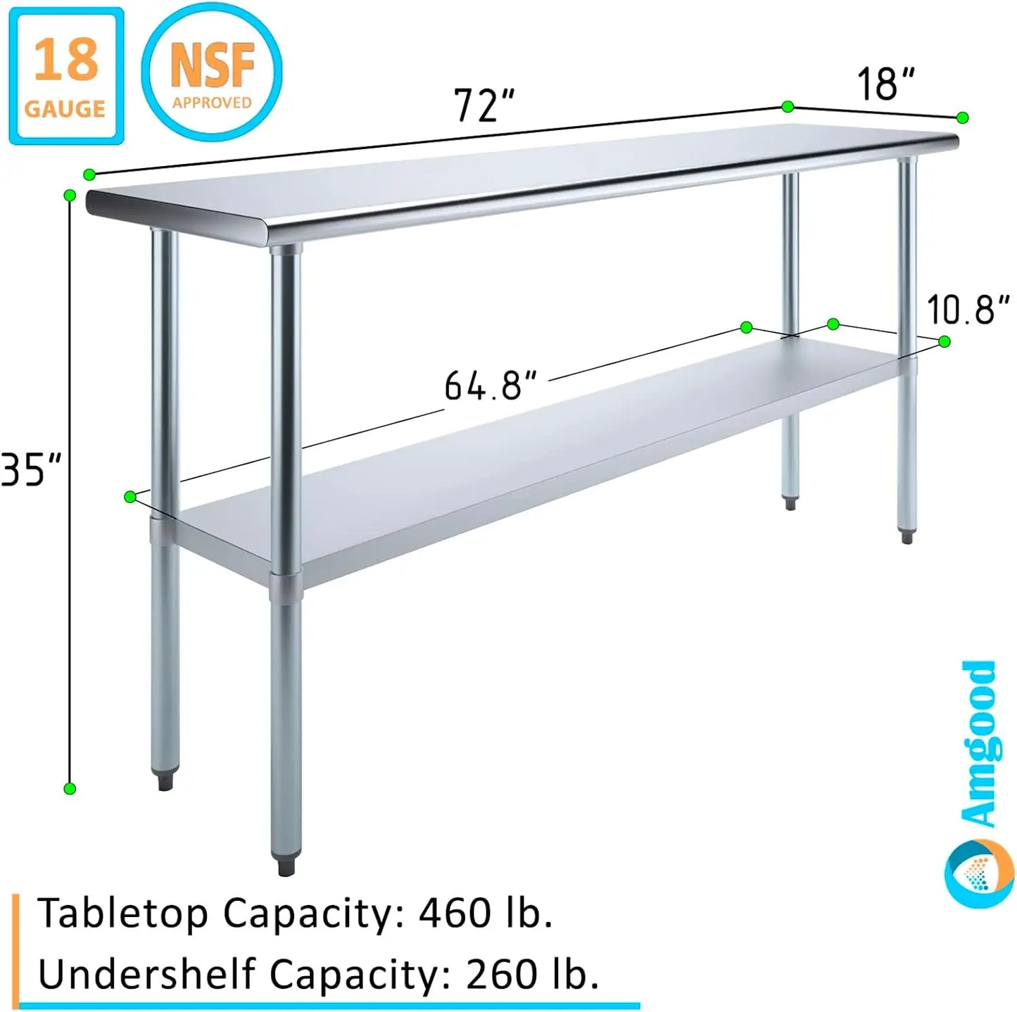 18" X 72" Stainless Steel Work Table/NSF Metal Prep Table | Commercial & Residential Kitchen Laundry