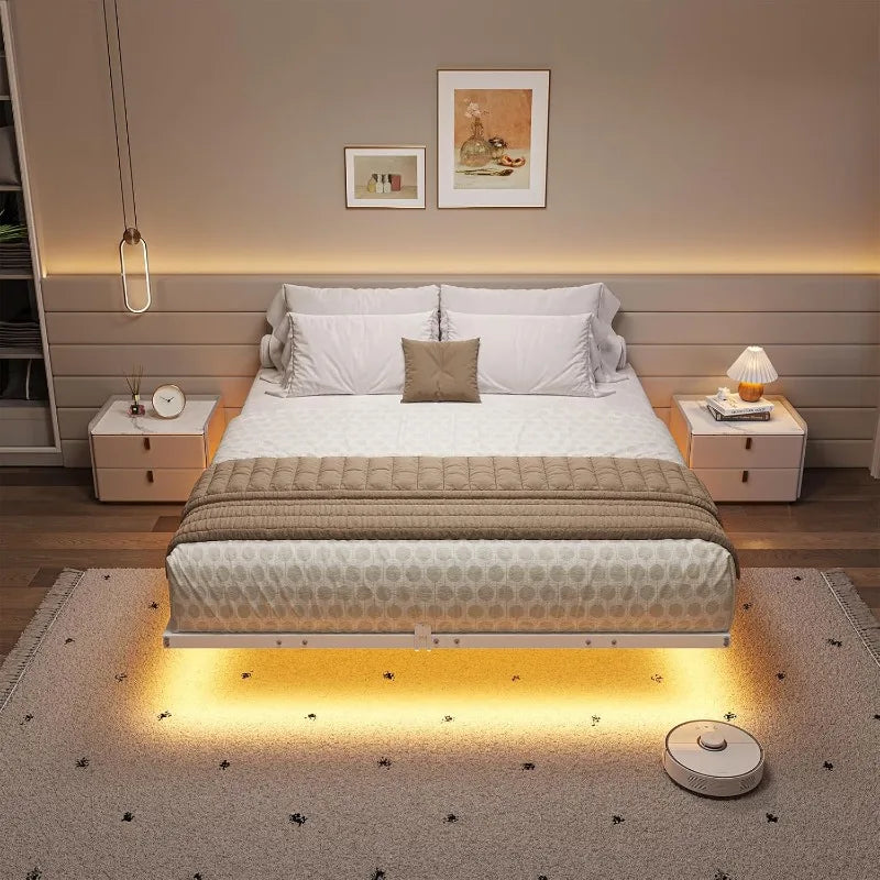 Floating Bed Frame with LED Lights, Metal Platform Full Bed, No Box Spring Needed