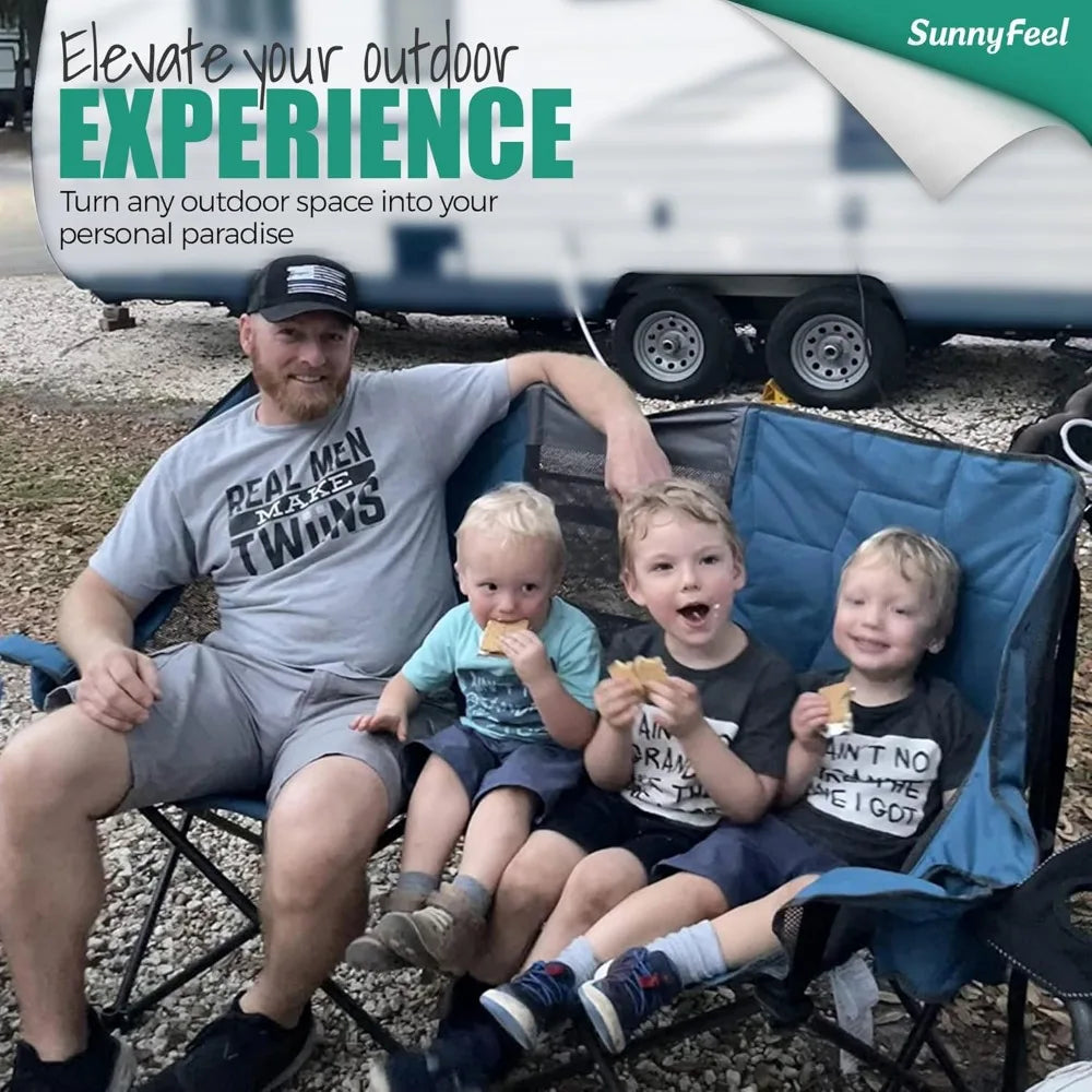 Folding Double Camping Loveseat Chair, Heavy Duty Portable Outdoor Chair with Storage for 2 People